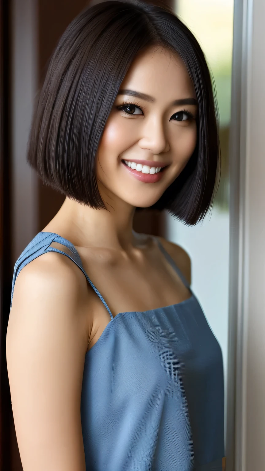 Beautiful 30 year old Japanese woman、Full body photo showing you from head to toe、One-length short bob cut、Dark brown eyes、Detailed Eyes、Detailed iris、Detailed face、Brown Hair Color、Beautiful Hair、Big smile (Facing the viewer)、Off-the-shoulder T-shirt、Long skirt、High heels makeup、Shooting in front of the door、Portrait、Exquisite details、Depth of written boundary、(Detailed face: 1.2)、(Detailed Eyes: 1.2)、(Detailed background)、(Gradation)、Shiny skin、Sharp focus、8k、uhd、high quality、Exquisite details、Very detailed、Captivating silhouette、(Very beautiful face: 1.2)、Facing the viewer、Mature Woman、Mature Woman、((Center image))、detailed、masterpiece、Full body photo、