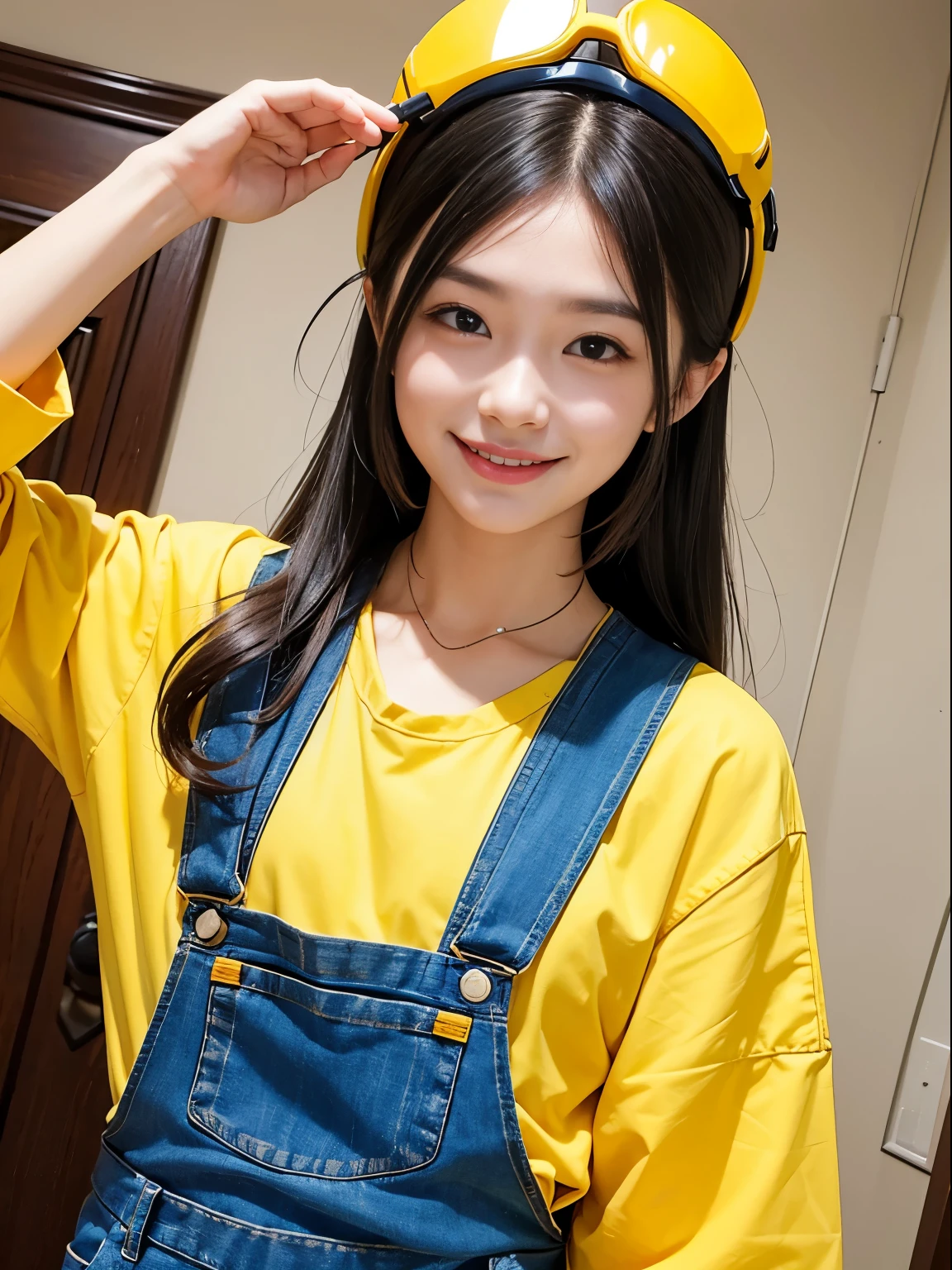 Yellow Shirt。Blue Overalls。goggles。long hair。smile