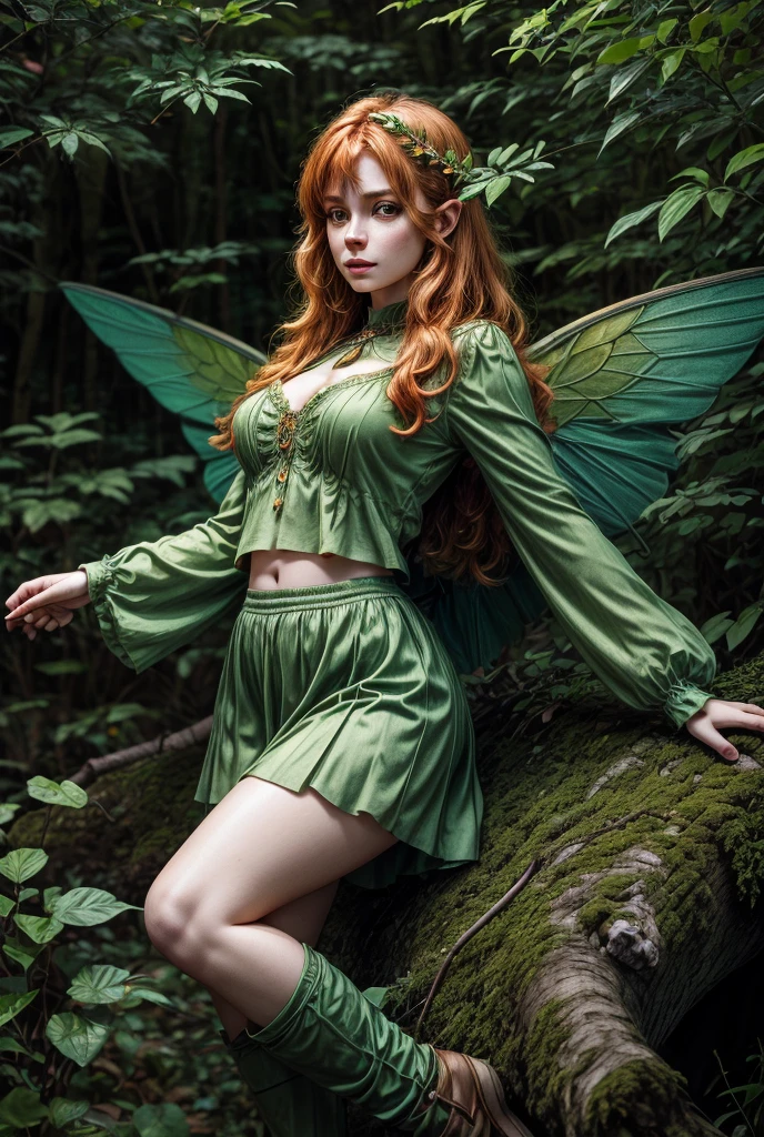 Best Picture Quality, Masterpiece Level, Ultra High Resolution, Realism, Fantasy, fulllength, A Girl, Single, Scatter, wood elf, in forest, midriff, thighs, ginger hair, green eyes, butterfly wings, perfect face, perfect body, wings, perfect breasts, green outfit, 