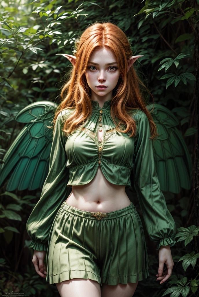 Best Picture Quality, Masterpiece Level, Ultra High Resolution, Realism, Fantasy, fulllength, A Girl, Single, Scatter, wood elf, in forest, midriff, thighs, ginger hair, green eyes, butterfly wings, perfect face, perfect body, wings, perfect breasts, green outfit, 