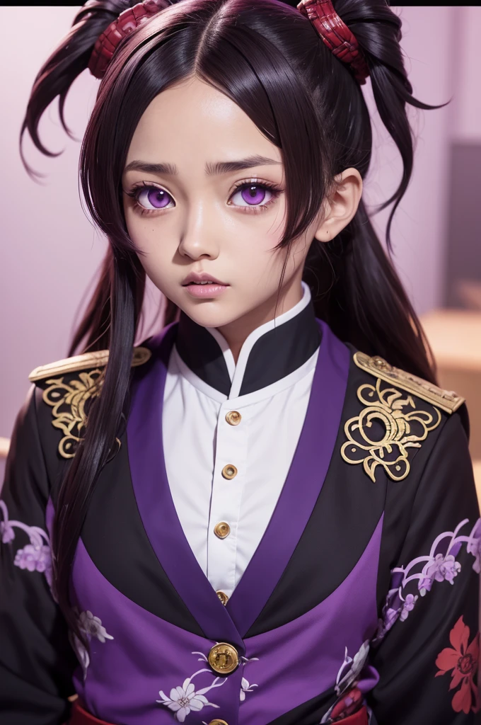 Kimetsu No Yaiba screenshot, girl with Brown skin, loose hair blinde, purple eyes, dragon behind her, hashira uniform