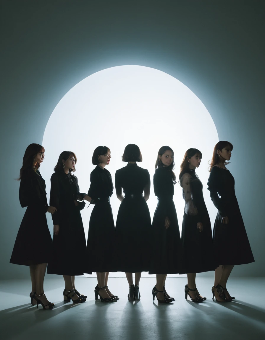 薄tenebrosa部屋に佇むFive women, boundless, generic, silhuette, , boundless, contra-luz, tenebrosa、searchlight、A long shadow stretching forward、Five women、hearing、Remaining evenly spaced, virado para a frente, kpop idols