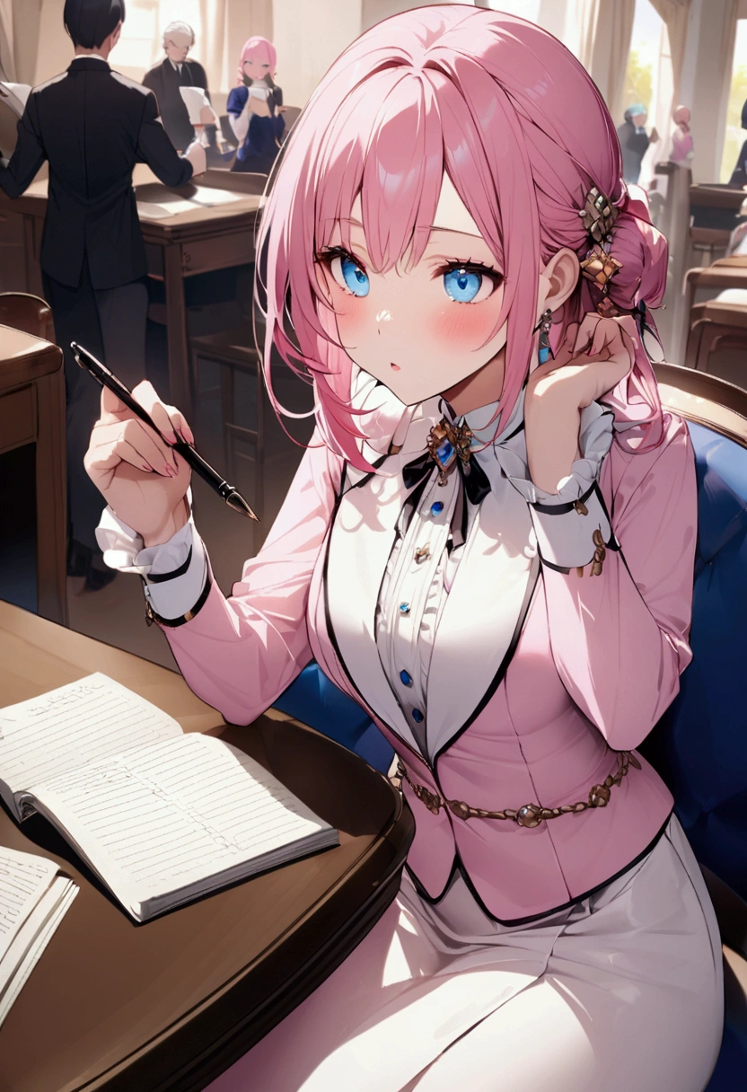 Sitting in front of a desk、Write notes with a pen、That's amazing speed!、Pink haired woman、blue eyes