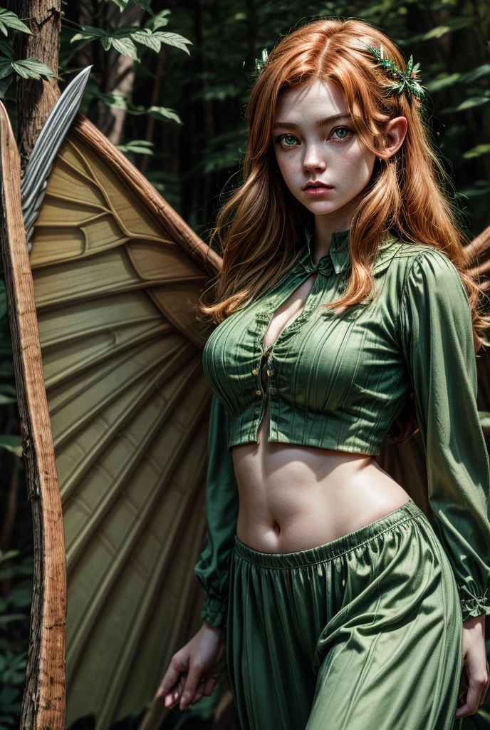 Best Picture Quality, Masterpiece Level, Ultra High Resolution, Realism, Fantasy, fulllength, A Girl, Single, Scatter, wood elf, in forest, midriff, thighs, ginger hair, green eyes, butterfly wings, perfect face, perfect body, wings, perfect breasts, green outfit,