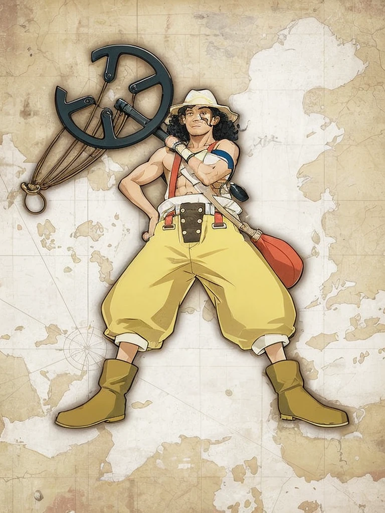 A dark-skinned boy with curly black hair, with yellow pants, holding a large slingshot in his hand, with hat on head