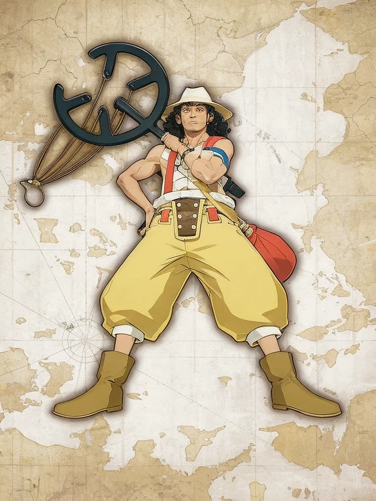A dark-skinned boy with curly black hair, with yellow pants, holding a large slingshot in his hand, with hat on head