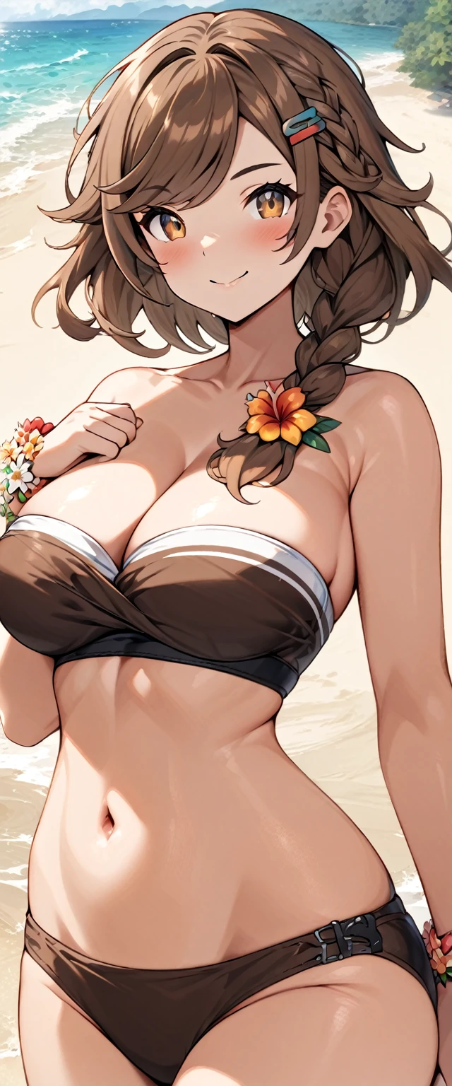 (masterpiece), best quality, expressive eyes, perfect face,1girl,beach, swept bangs, single braid, side braid, hairclip, hair ornament, brown hair, brown eyes, braid, pokemonjuliana,big breasts, bandeau bikini,cowboy shot,smile,flower bracelet,slippers