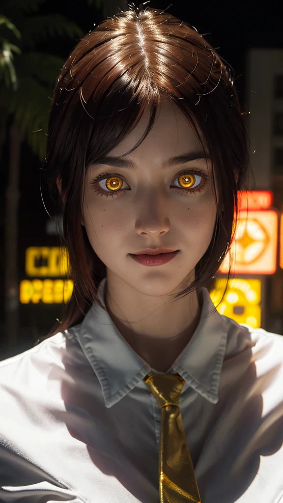 master part, best quality, portraite, (standing alone), Makima \ (chain saw man \), (20 year, mature face, fresh and beautiful), Standing, (redhead), (bright glowing eyes: 1.4), (gold eyes: 1.3), bangss, medium, white shirt, tie, gazing, (disgust, sorrido), (Evil: 1.2), gazing para o espectador, (narrowed eyes), High definition, (gazing para o espectador: 1.15), darkness background, background blur,