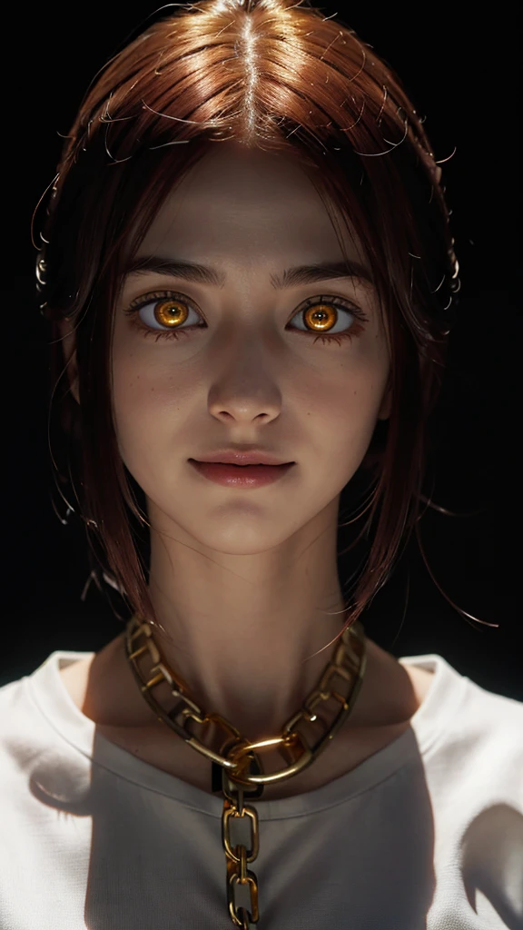 master part, best quality, portraite, (standing alone), Makima \ (chain saw man \), (20 year, mature face, fresh and beautiful), Standing, (redhead), (bright glowing eyes: 1.4), (gold eyes: 1.3), bangss, medium, white shirt, tie, gazing, (disgust, sorrido), (Evil: 1.2), gazing para o espectador, (narrowed eyes), High definition, (gazing para o espectador: 1.15), darkness background, background blur,