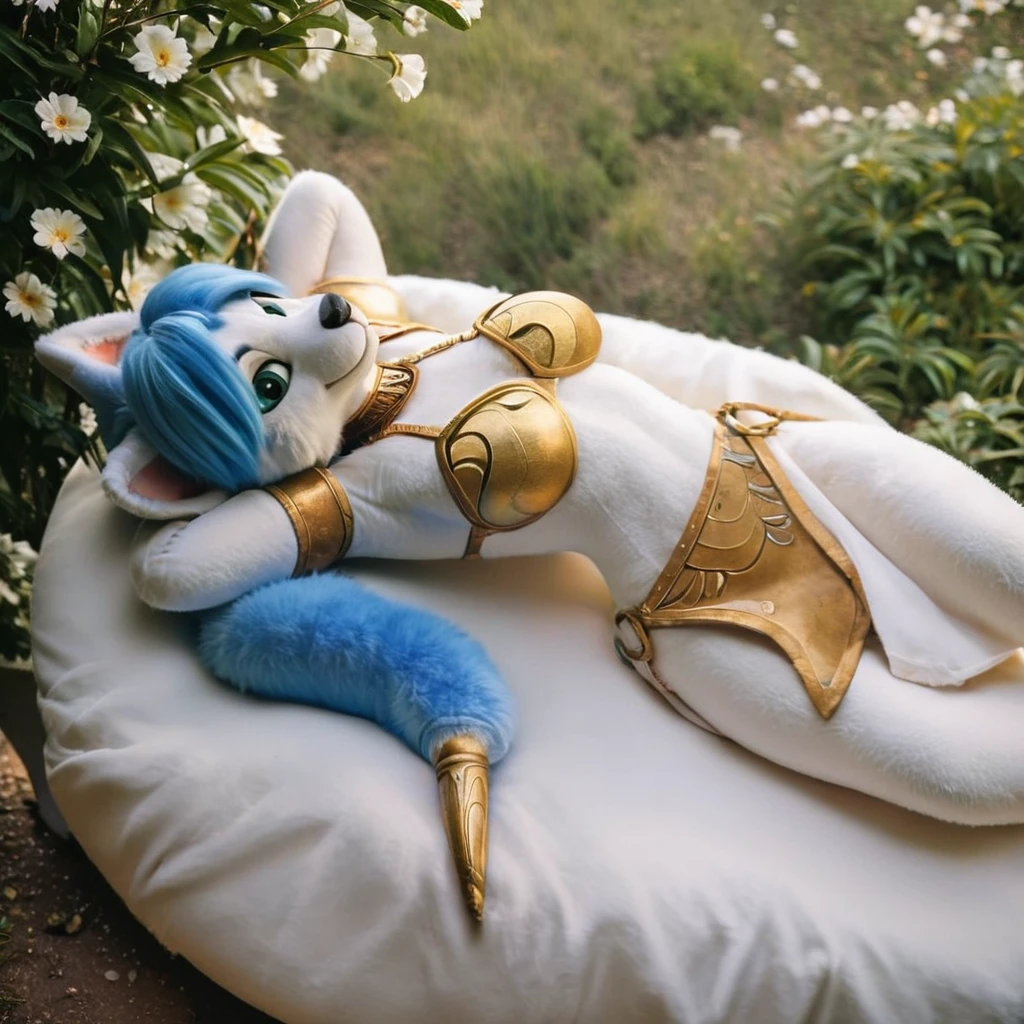 score_9, score_8_up, score_7_up, score_6_up, score_5_up, score_4_up, rating_safe, source_furry, realistic krystal (plushie:1.05) (fursuit:1.3), fluffy blue hair, golden bikini armor, tribal pattern loincloth, slender female figure, breasts, hips, arms behind head, fabric folds, seam lines, [stitching], looking off into the distance, BREAK, outdoors, mountainous terrain, irl, photo, photograph, photo realism