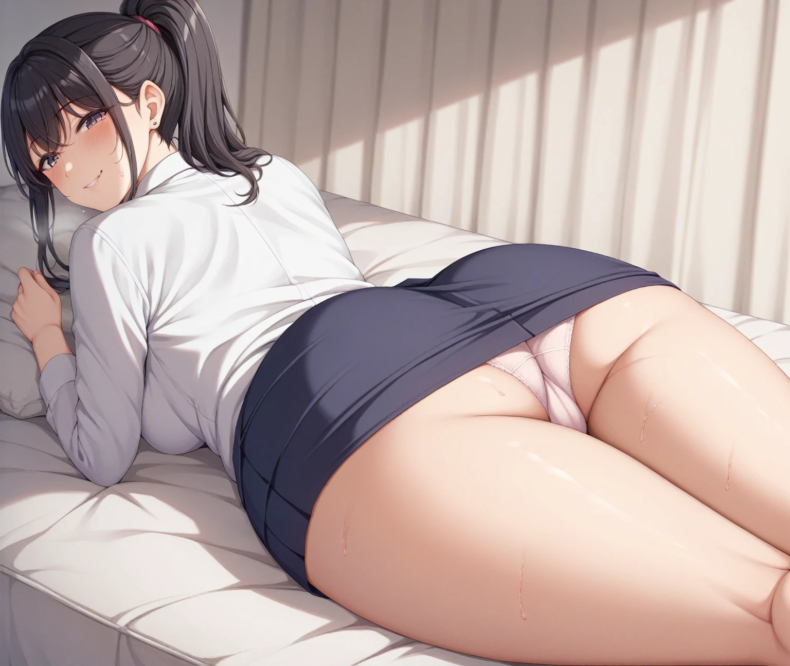 One person、masterpiece、Highest quality、Super detailed、High resolution illustrations、Improve skin quality、Increase eye appeal、Drawn in detail、Perfect body structure、Old woman、Business suit and tight skirt、Prone、Buttを見せる、Butt、look back、Lift up the skirt、Showing off a plain looking pair of panties、Are thin、Tall、Buttが小さい、Skin blemishes、Skin wrinkles、Aged skin、Wrinkled skin、Outdoor、Embarrassing、Unpleasant、Sweat it out、Sigh、Heat、Black Hair、Downcast eyes、Watery eye、mole、Long Hair、ponytail、