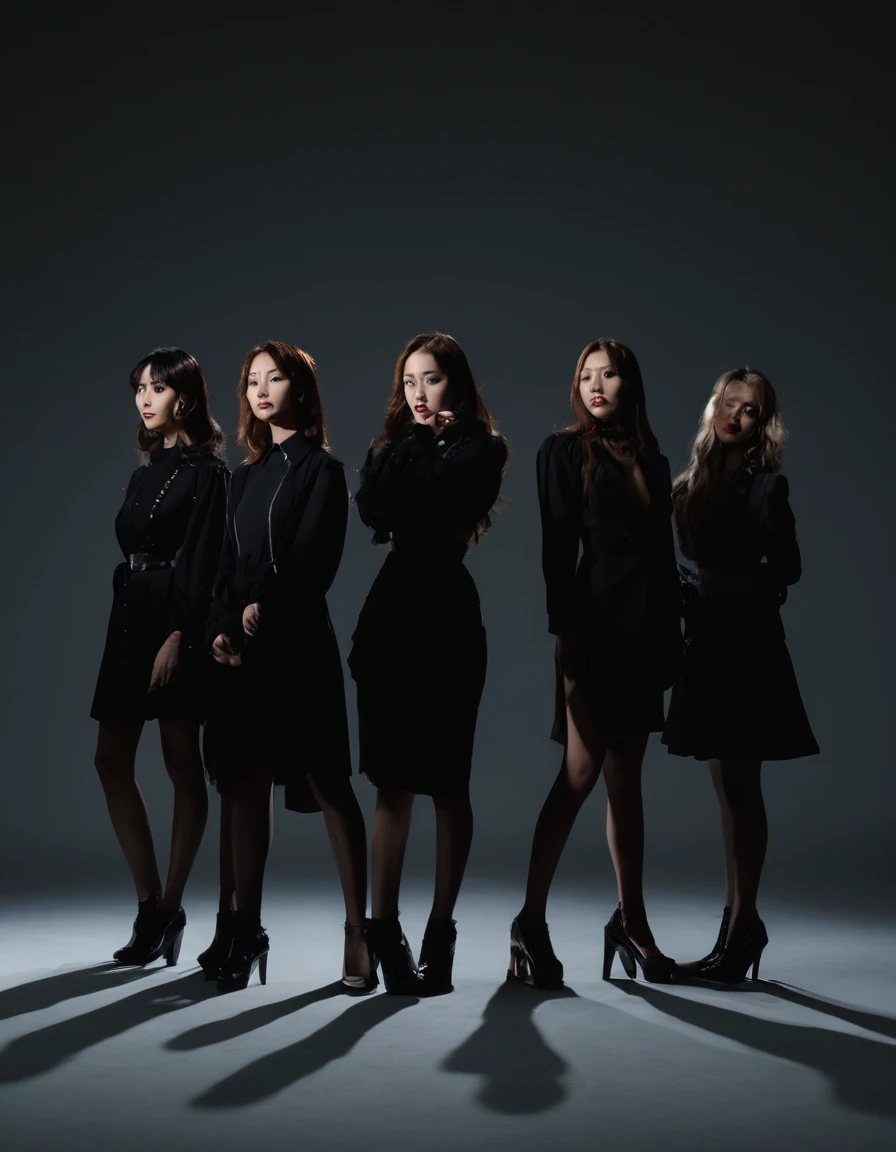 薄tenebrosa部屋に佇むFive women, boundless, generic, silhuette, , boundless, contra-luz, tenebrosa、searchlight、A long shadow stretching forward、Five women、hearing、Remaining evenly spaced, rear facing, Asian kpop idols