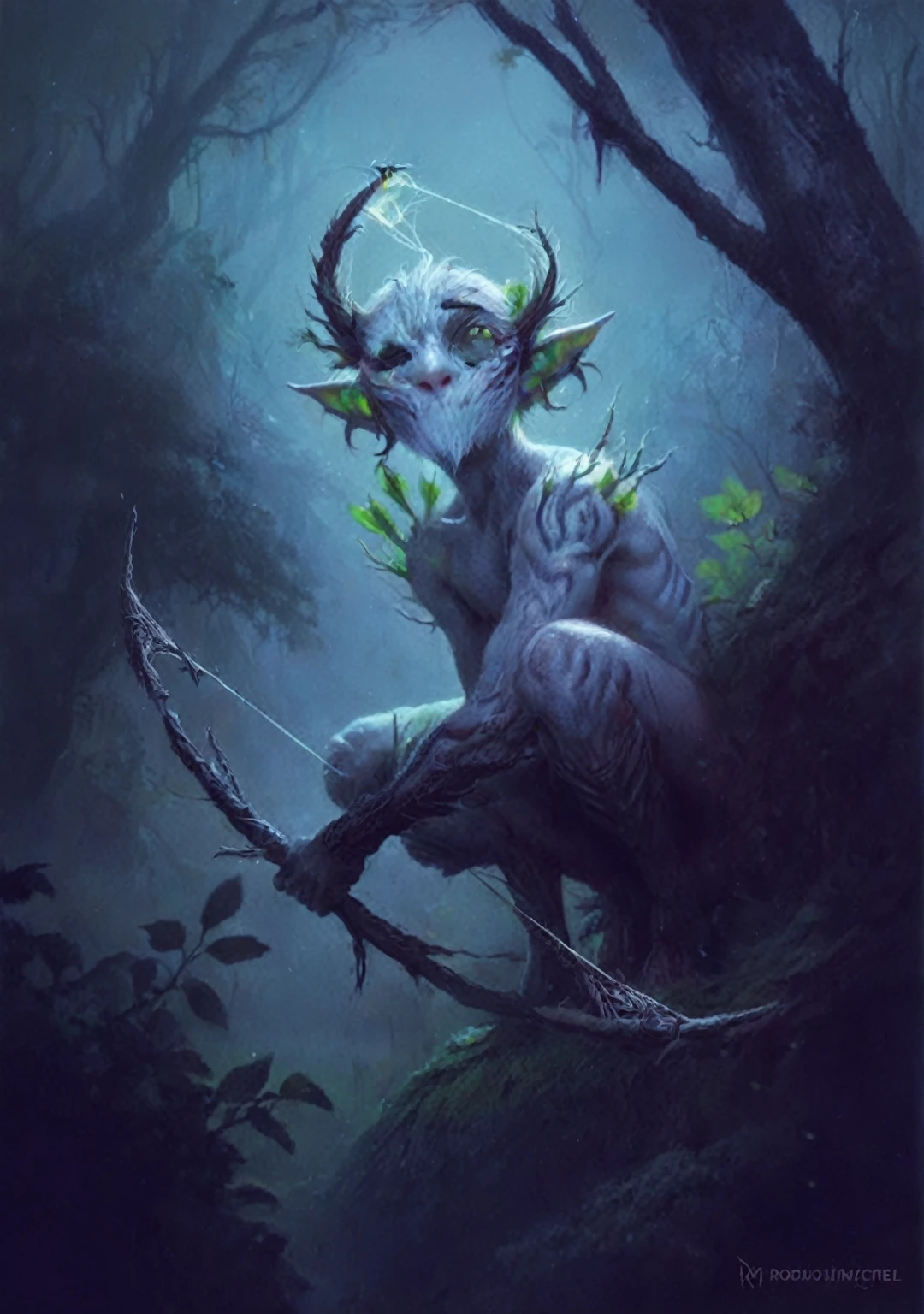 Gray goblin ranger, with pale gray skin, yellow eyes glowing with cunning, dark and disheveled hair falling in strands over his forehead and shoulders, sharp and pointed ears, long and thin limbs, lean and muscular build, quick and silent movements, and a constant expression of vigilance and readiness for any danger.