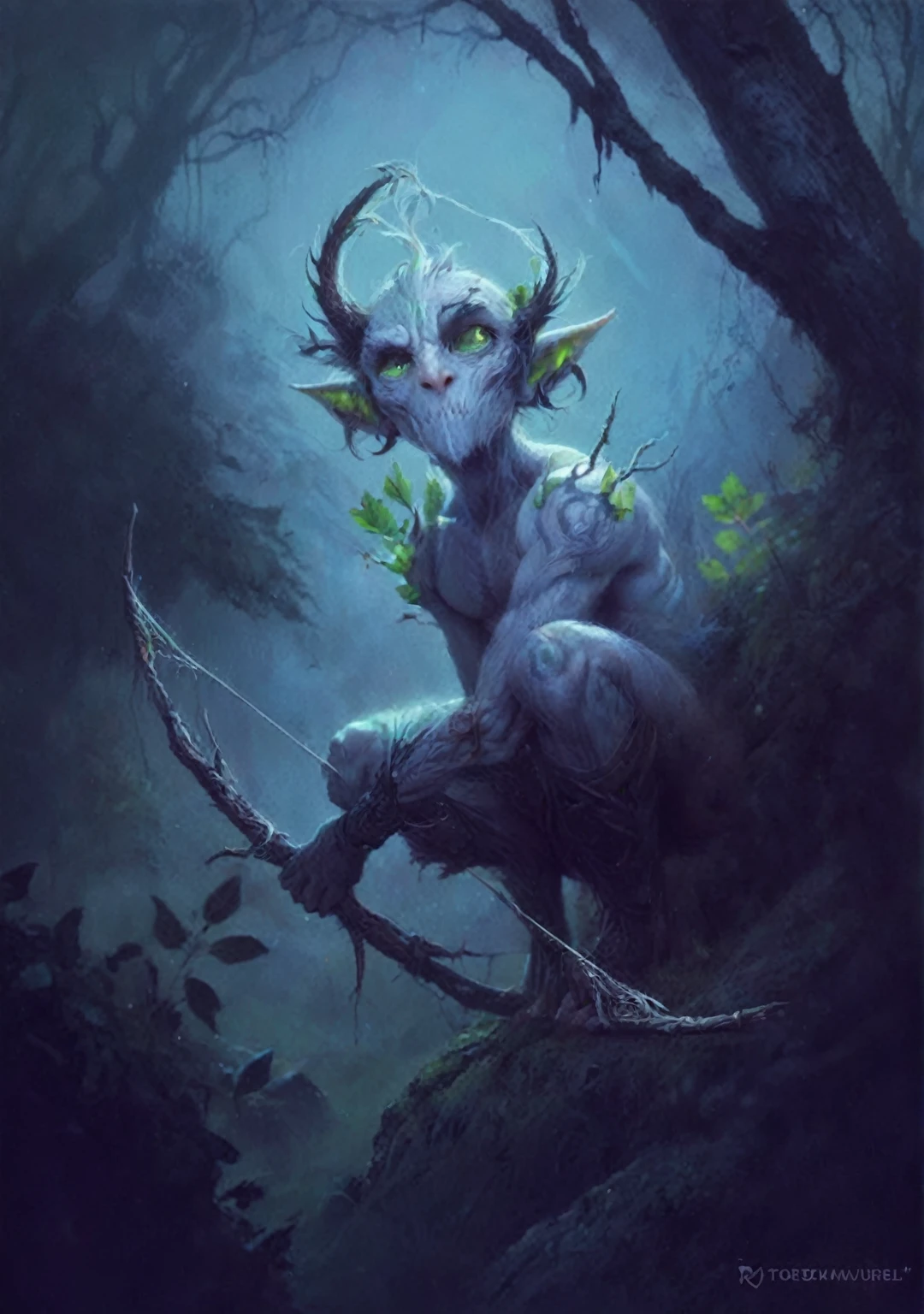 Gray goblin ranger, with pale gray skin, yellow eyes glowing with cunning, dark and disheveled hair falling in strands over his forehead and shoulders, sharp and pointed ears, long and thin limbs, lean and muscular build, quick and silent movements, and a constant expression of vigilance and readiness for any danger.