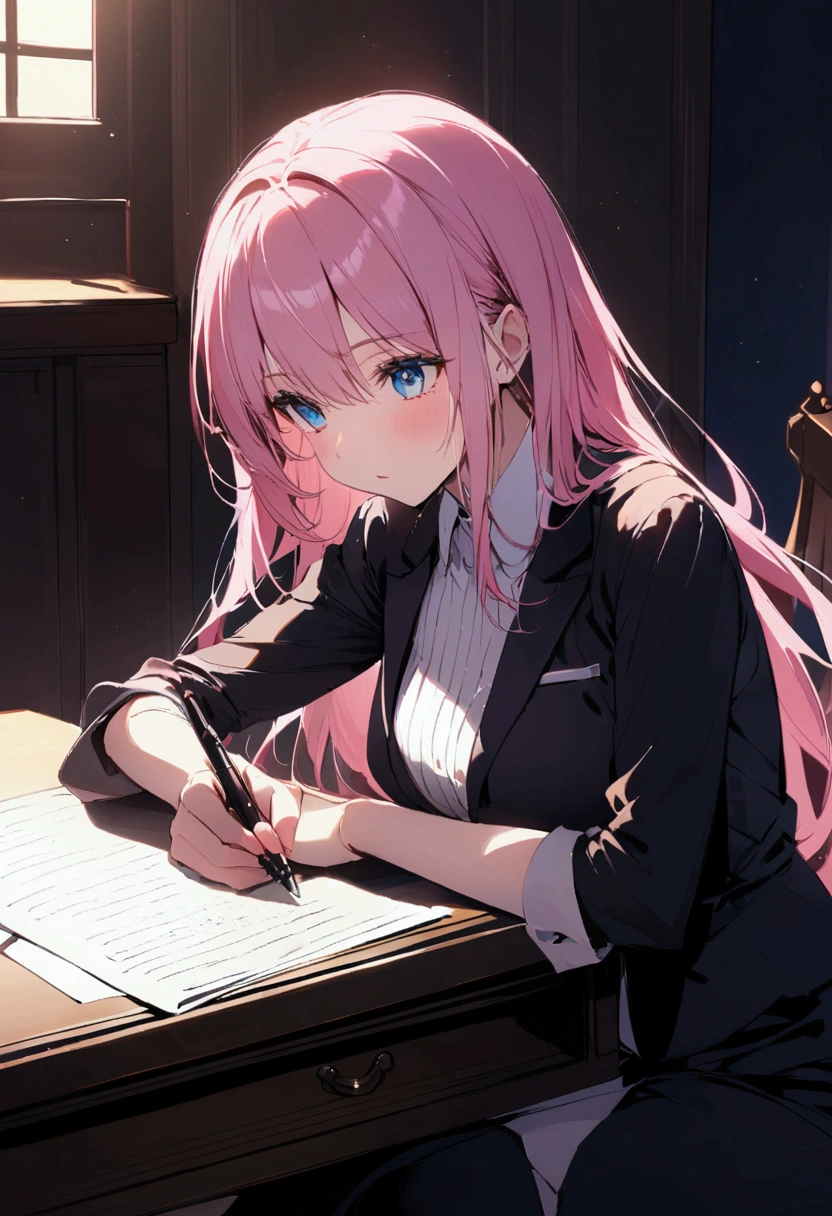 Sitting in front of a desk、Write notes with a pen、That's amazing speed!、Pink haired woman、blue eyes