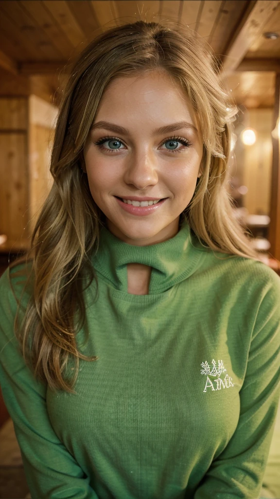 Lily Bowman), posing, modeling stand in the ski resort , with green casual outfit design, y smile, best quality, blur night background with Green Eyes, , Ultra Realistic, Meticulously Detailed, Portrait, Blonde Hair and Big Eyes, Selfie of a Young Woman, Green Eyes, No Makeup, Natural Makeup, Looking Directly at the Camera, face artgram, subtle make-up, Impressive photo, stand, with sexmile, Medium and large size chest, allowing the face to be seen clearly ski resort snow.