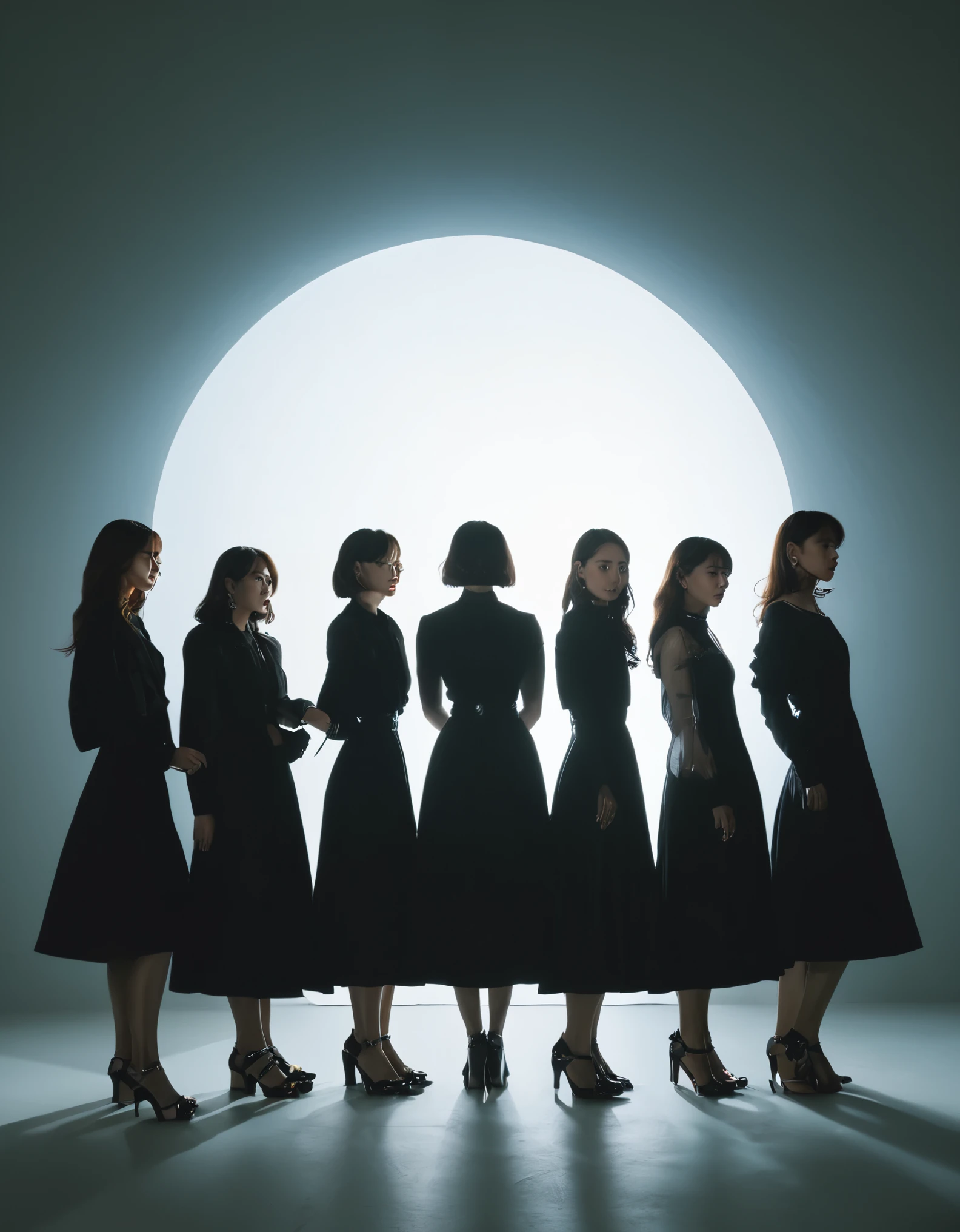 薄tenebrosa部屋に佇むFive women, boundless, generic, silhuette, , boundless, contra-luz, tenebrosa、searchlight、A long shadow stretching forward、Five women、hearing、Remaining evenly spaced, virado para a frente, kpop idols