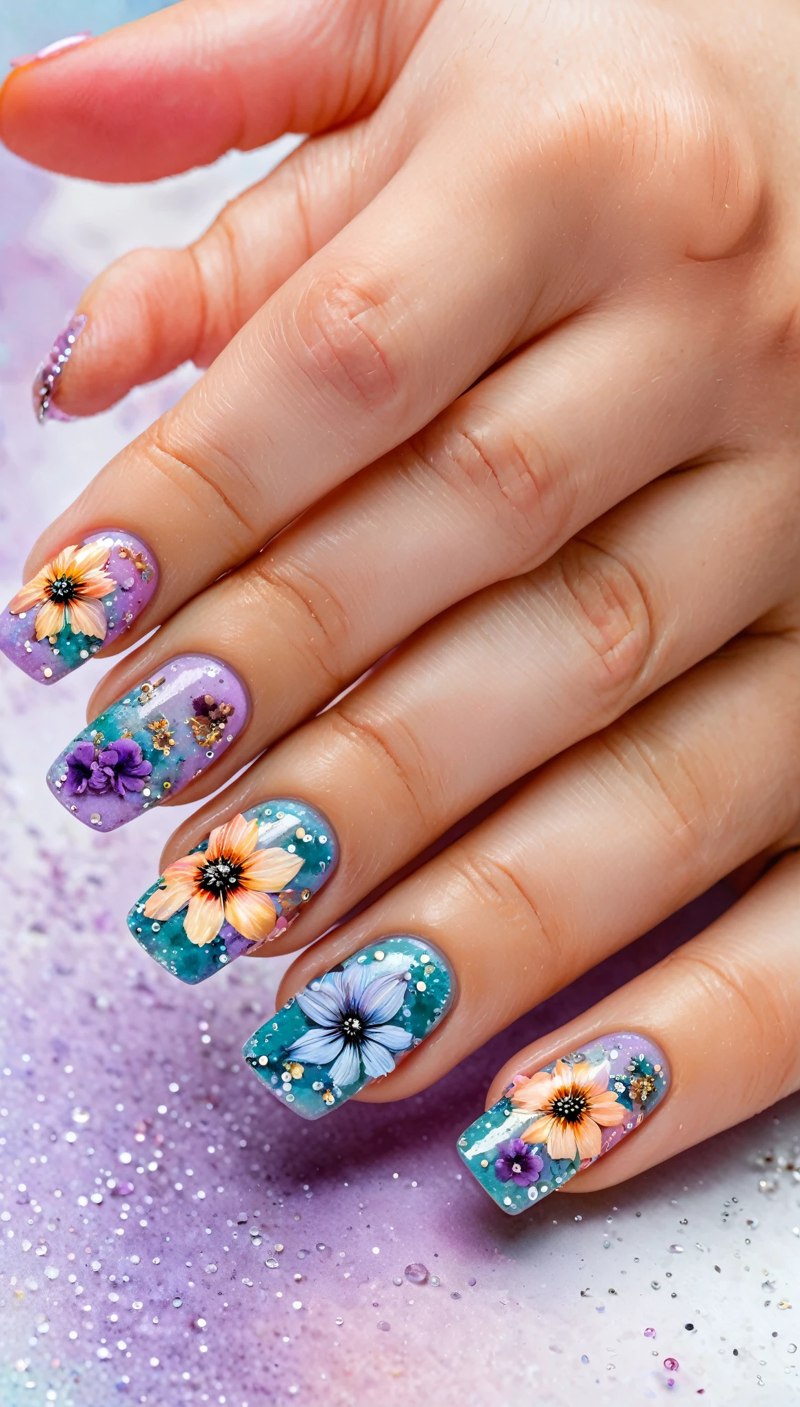 A close-up Macro Photo of a woman's hand with textured floral nail art. The nails are painted in a variety of colors, with dried flower fragments, tiny crystals, and different matte and glossy finishes. The background is a close-up photo of a watercolor painting, blending colors and textures to complement the intricate nail art.