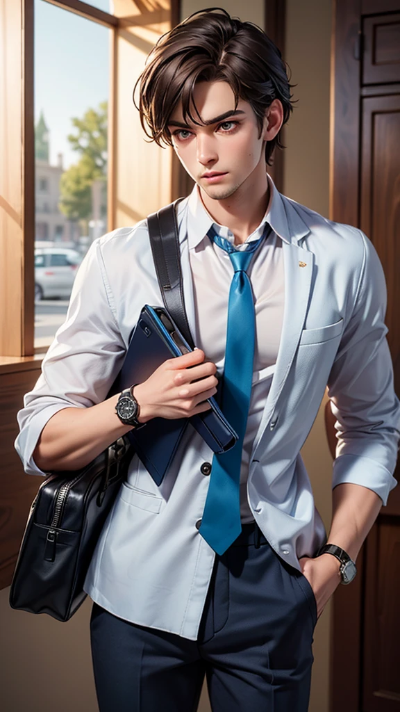 
Alex is a young man in his late twenties, standing about 5'10" tall with an athletic build. He has short, neatly styled brown hair and a clean-shaven face. His eyes are a warm hazel, reflecting his friendly demeanor. Alex is dressed in a crisp white dress shirt, complemented by a light blue tie. He wears a tailored navy blue suit, the fabric slightly shimmering in the morning light. His black leather shoes are polished to a shine. Alex carries a sleek black briefcase in his right hand, and a modern silver watch adorns his left wrist. His overall appearance is professional and well-put-together, indicative of his serious approach to his career.Extremely detailed, 8K, high resolution, photorealistic, high quality, realistic, detailed facial features, beautiful detailed eyes, beautiful detailed lips, extremely detailed face, glowing skin