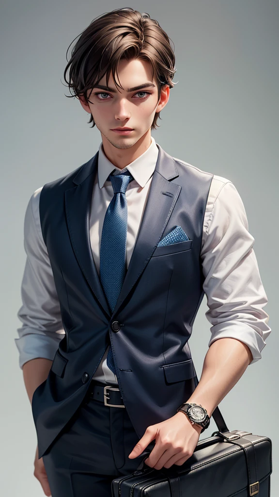 Alex is a young man in his late twenties, standing about 5'10" tall with an athletic build. He has short, neatly styled brown hair and a clean-shaven face. His eyes are a warm hazel, reflecting his friendly demeanor. Alex is dressed in a crisp white dress shirt, complemented by a light blue tie. He wears a tailored navy blue suit, the fabric slightly shimmering in the morning light. His black leather shoes are polished to a shine. Alex carries a sleek black briefcase in his right hand, and a modern silver watch adorns his left wrist. His overall appearance is professional and well-put-together, indicative of his serious approach to his career.Extremely detailed, 8K, high resolution, photorealistic, high quality, realistic, detailed facial features, beautiful detailed eyes, beautiful detailed lips, extremely detailed face, glowing skin