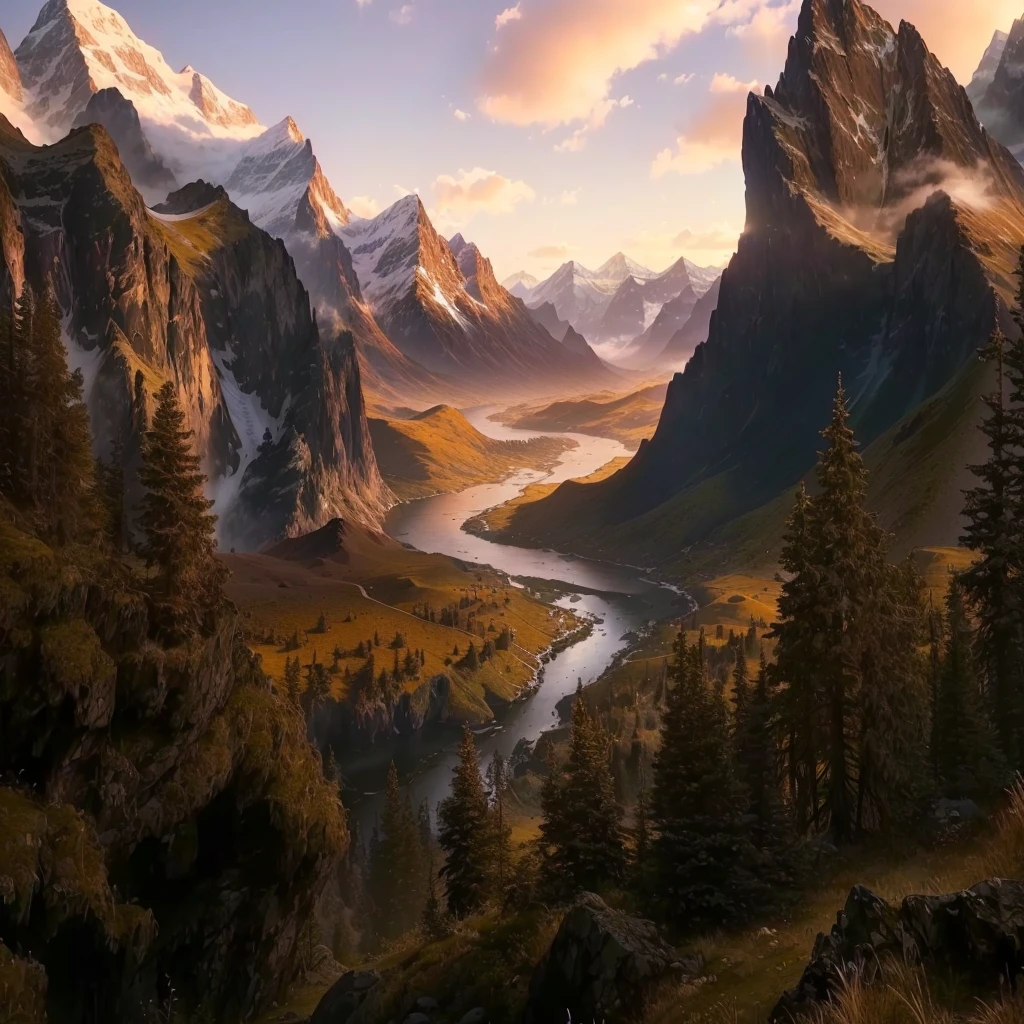 mountains and a river in the foreground with a mountain in the background, max rive, 8 k matte painting, 8k matte painting, the most beautiful landscape, epic beautiful landscape, beautiful mattepainting, majestic nature scenery, matte painting scenery, an amazing landscape image, epic cinematic matte painting, stunning matte painting, stunning nature in background, beautiful matte painting, most epic landscape