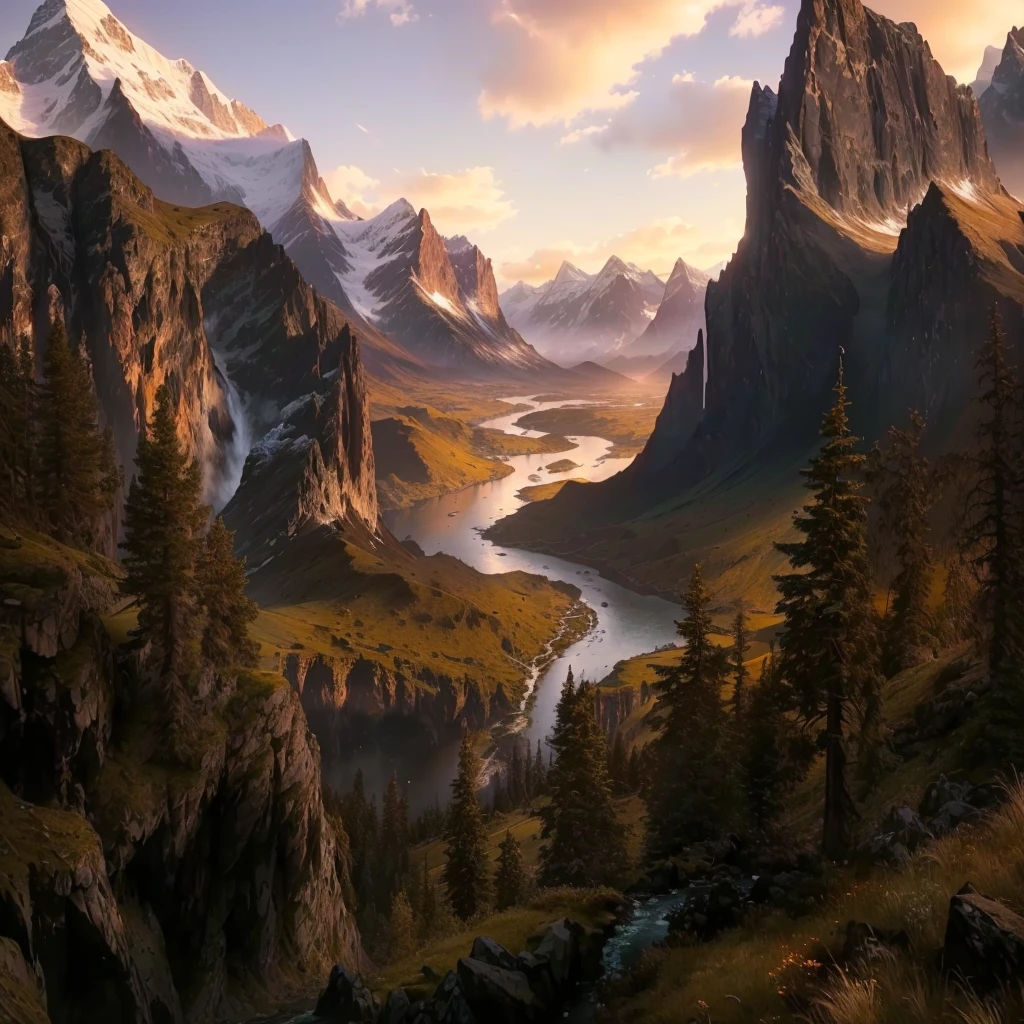 mountains and a river in the foreground with a mountain in the background, max rive, 8 k matte painting, 8k matte painting, the most beautiful landscape, epic beautiful landscape, beautiful mattepainting, majestic nature scenery, matte painting scenery, an amazing landscape image, epic cinematic matte painting, stunning matte painting, stunning nature in background, beautiful matte painting, most epic landscape