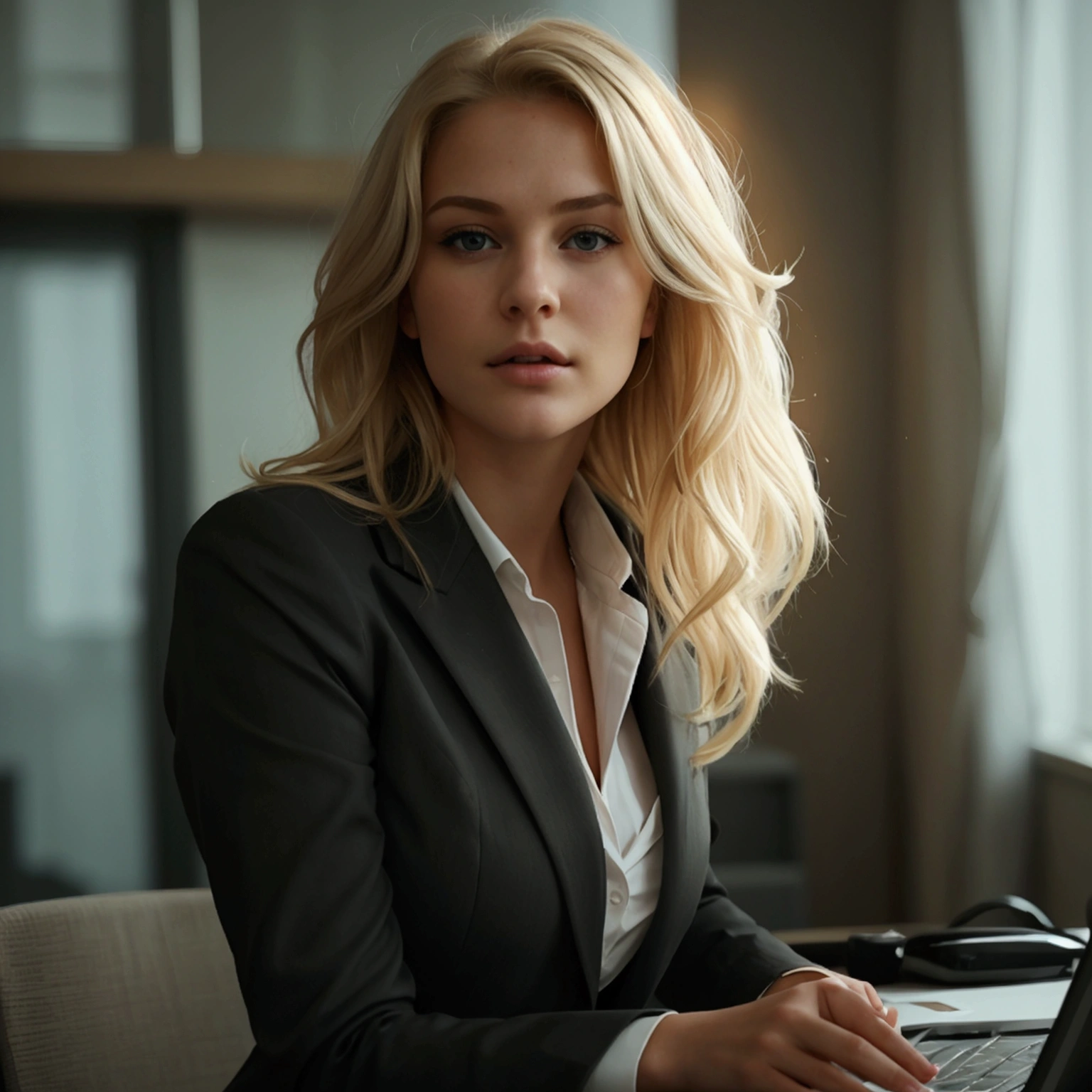 une fille sexy blonde avec de longs cheveux, de gros seins naturelles, serious, at work, in suit, desktop, company, sober, ultra high res.photorealistic:.1.4,UHD