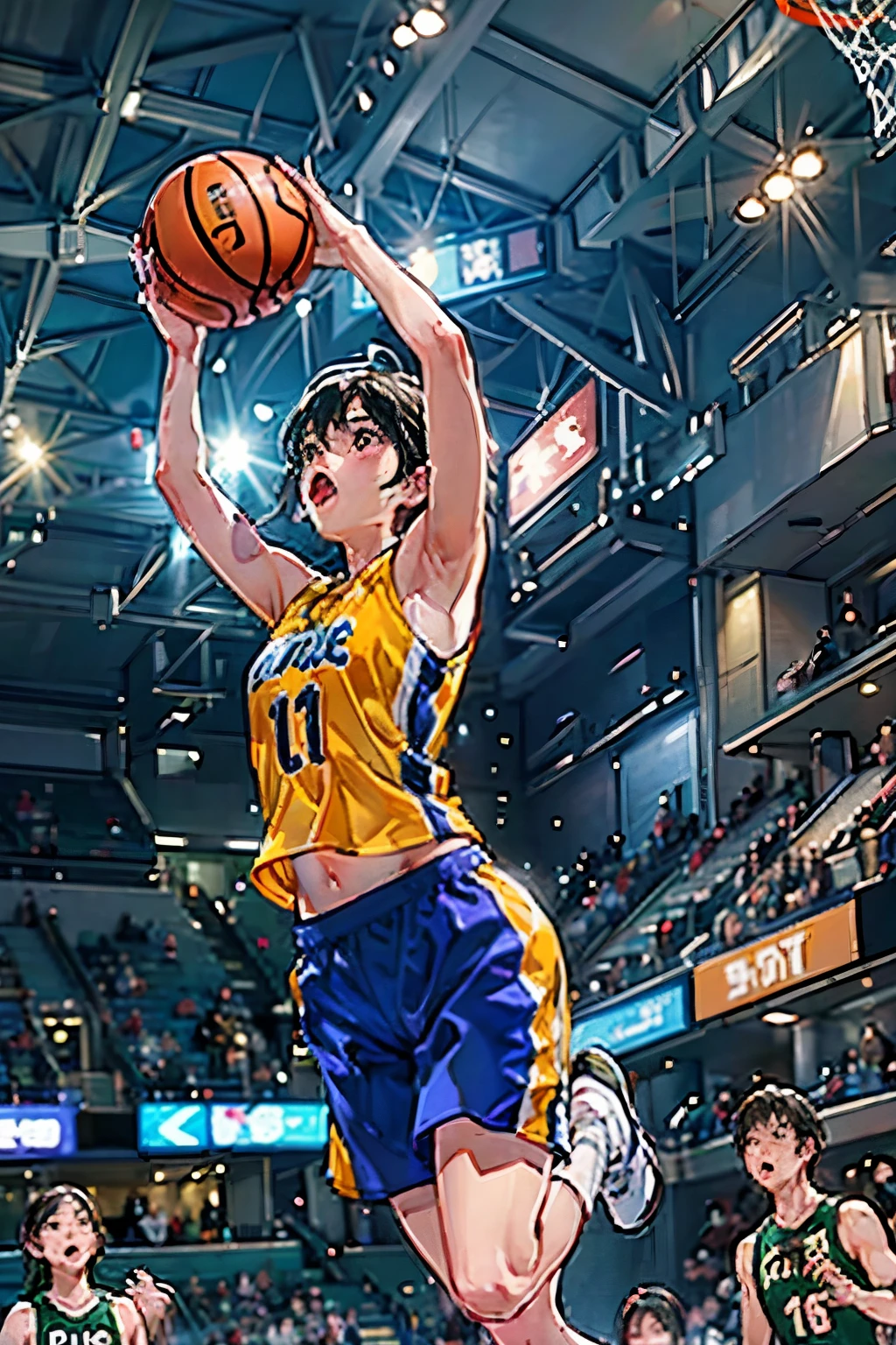 ((女子バスケットball選手))、(The moment the slam dunk is decided:1.4)、(Dunk Shot:1.4)、(Jumping Chute:1.4)、(Goal Post、ball)、Young and beautiful girl、美しい顔のdetailedな描写、alone、Close-up、Motion Blur、Dynamic Angle、stadium lighting、Blur the background、8Kdetailed、(detailed、masterpiece、Highest quality)、