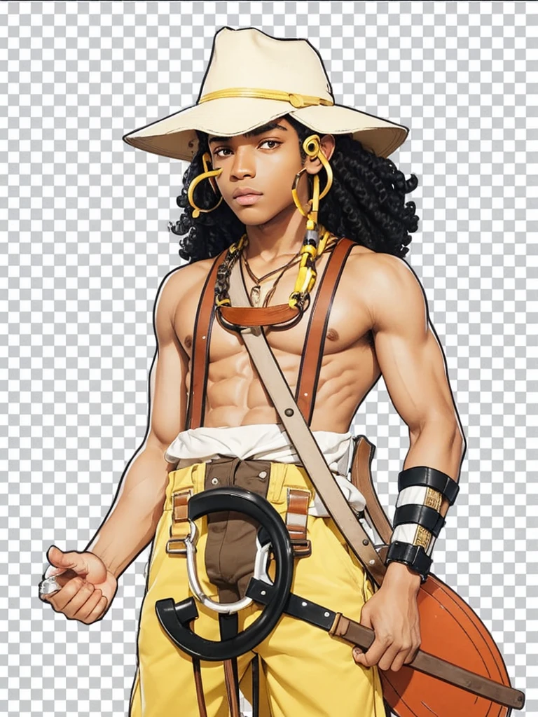 A dark-skinned boy with curly black hair, with yellow pants, holding a large slingshot in his hand, with hat on head