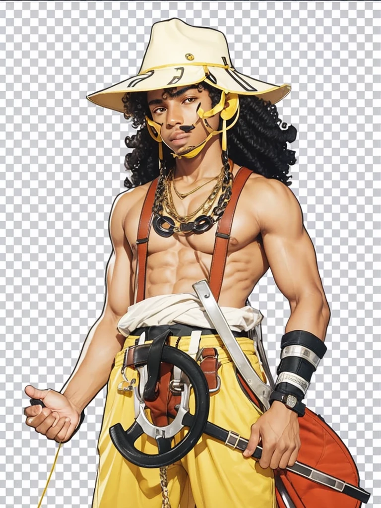 A dark-skinned boy with curly black hair, with yellow pants, holding a large slingshot in his hand, with hat on head
