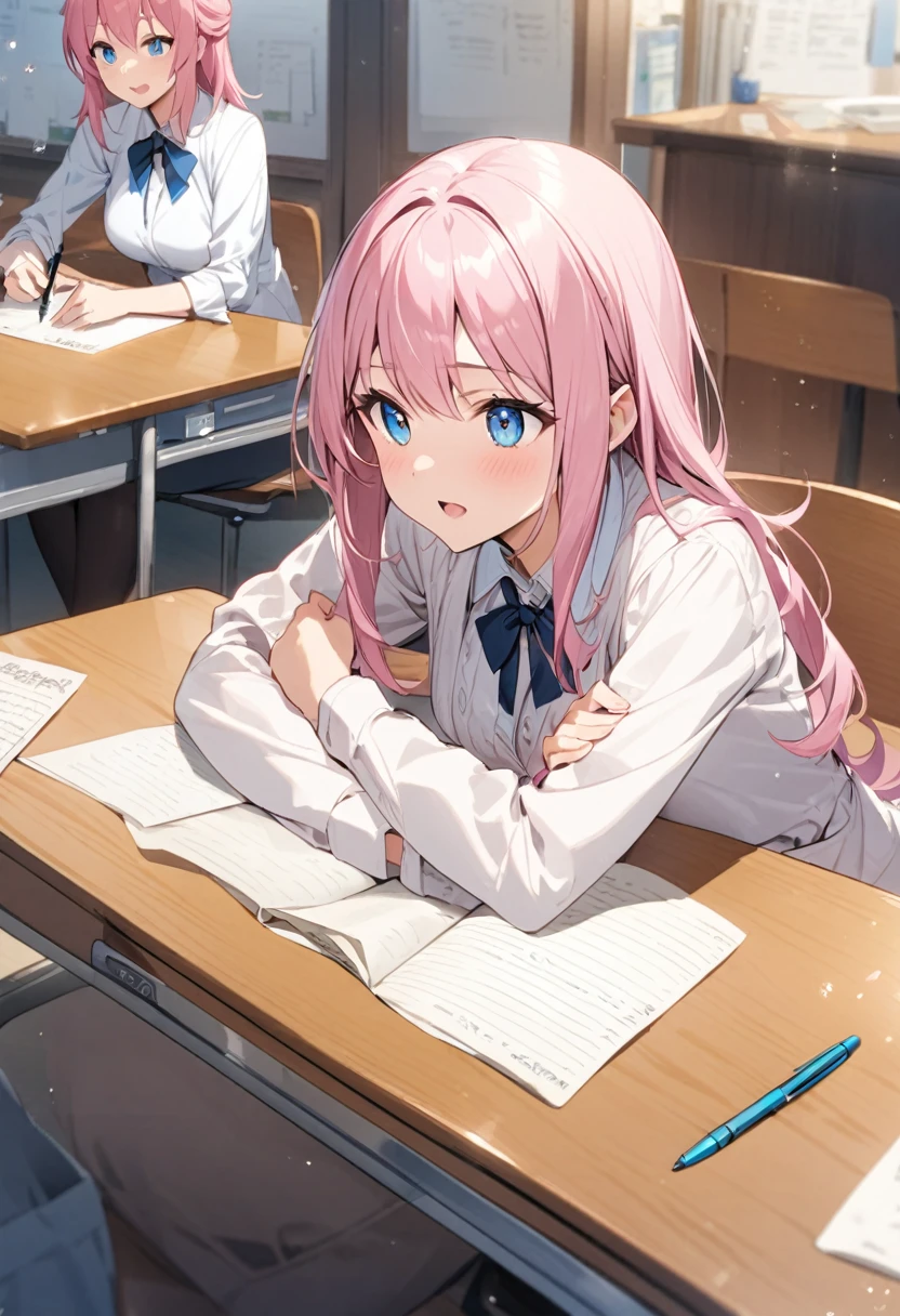 Sitting in front of a desk、Write notes with a pen、Write with great vigor、Pink haired woman、blue eyes