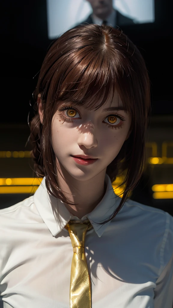master part, best quality, portraite, (standing alone), Makima \ (chain saw man \), (20 year, mature face, fresh and beautiful), Standing, (redhead), (bright glowing eyes: 1.4), (gold eyes: 1.3), bangss, medium, white shirt, tie, gazing, (disgust, sorrido), (Evil: 1.2), gazing para o espectador, (narrowed eyes), High definition, (gazing para o espectador: 1.15), darkness background, background blur,