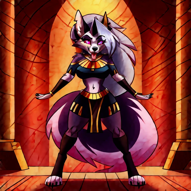 (masterpiece, best quality:1.2), Loona female anubian jackal hellhound, wolf, furry, helluva boss, hypnotized with glowing purple eyes, tongue out, egyptian clothes, dancing ridiculously, egyptian temple background