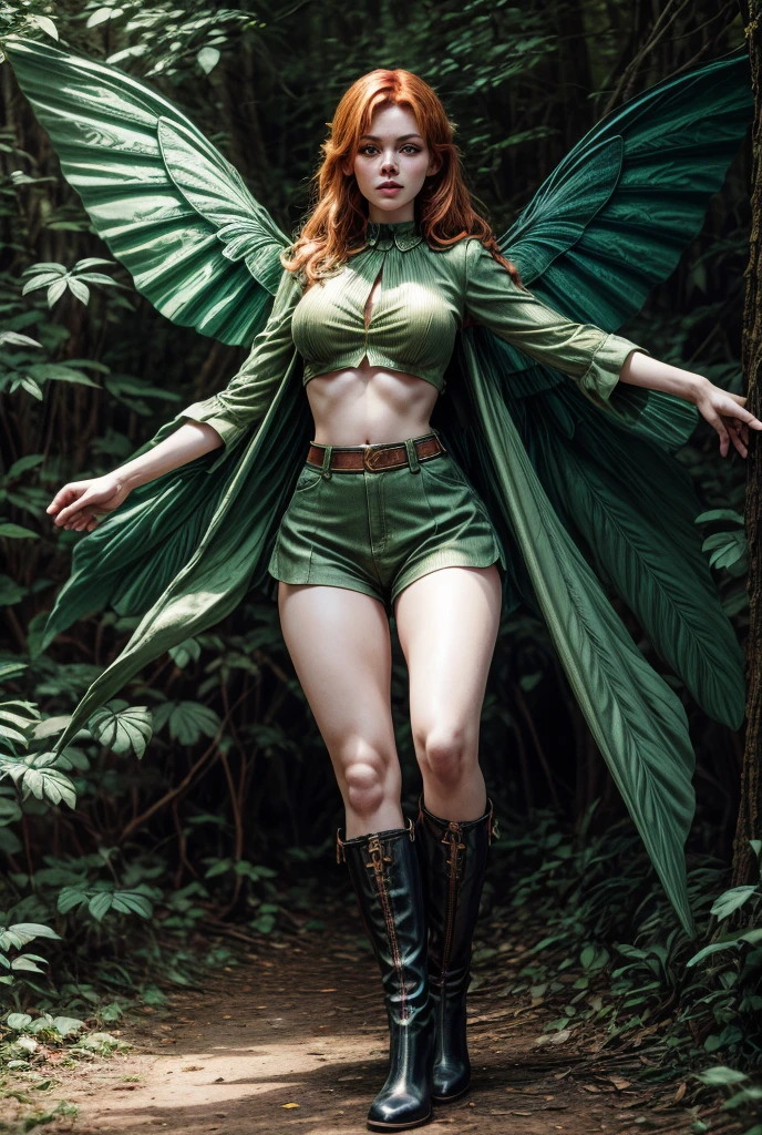 Best Picture Quality, Masterpiece Level, Ultra High Resolution, Realism, Fantasy, fulllength, A Girl, Single, Scatter, wood elf, in forest, midriff, crop top, thighs, ginger hair, green eyes, butterfly wings, perfect face, perfect body, wings, perfect breasts, green outfit, high heeled boots