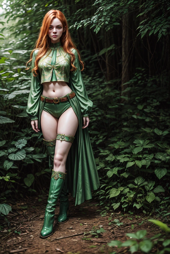 Best Picture Quality, Masterpiece Level, Ultra High Resolution, Realism, Fantasy, fulllength, A Girl, Single, Scatter, wood elf, in forest, midriff, crop top, thighs, ginger hair, green eyes, butterfly wings, perfect face, perfect body, wings, perfect breasts, green outfit, high heeled boots