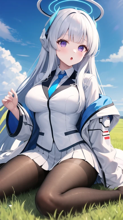 masterpiece, best quality, highres, aanoa, long hair, headgear, mechanical halo, large breasts, blue necktie, white shirt, off shoulder, white jacket, open jacket, long sleeves, white skirt, pleated skirt, black pantyhose, :o, wariza, grass, field,