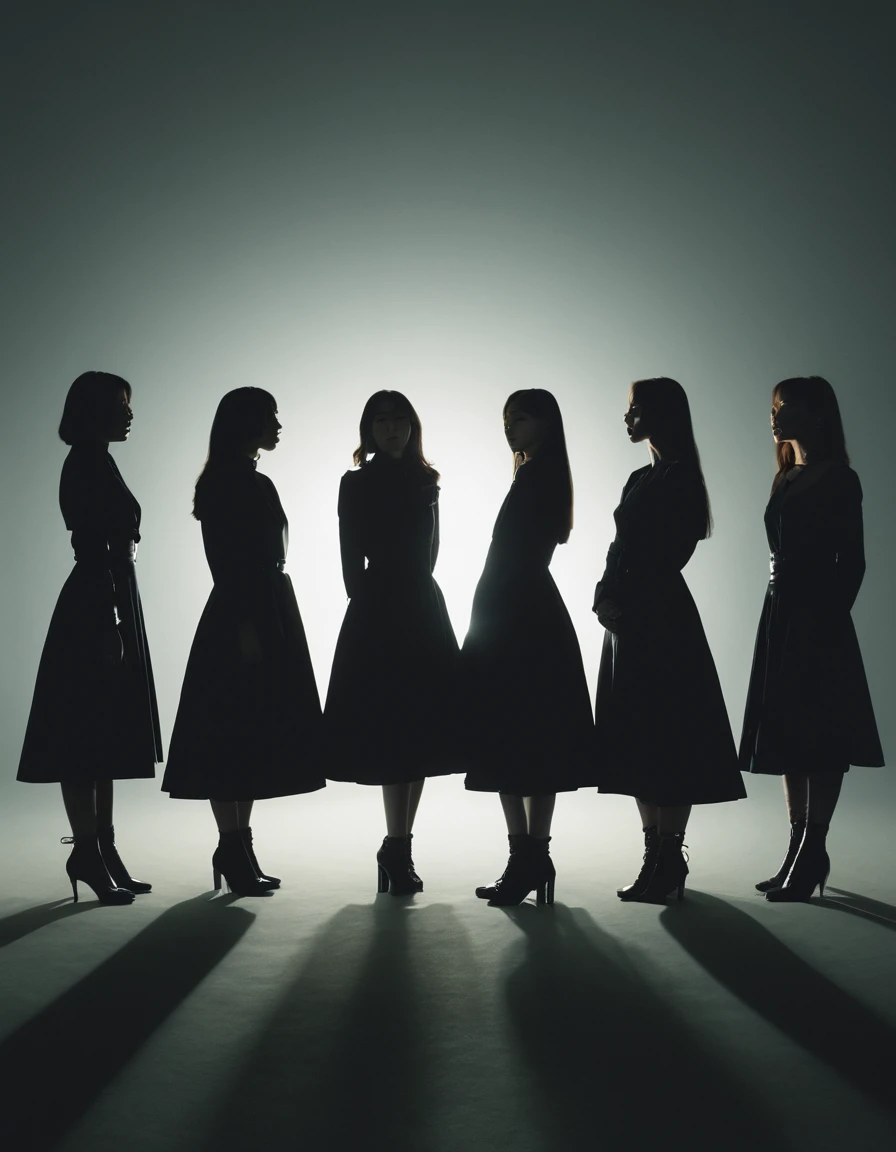 薄tenebrosa部屋に佇むFive women, boundless, generic, silhuette, , boundless, contra-luz, tenebrosa、searchlight、A long shadow stretching behind、Five women、hearing、Remaining evenly spaced, rear facing, kpop idols