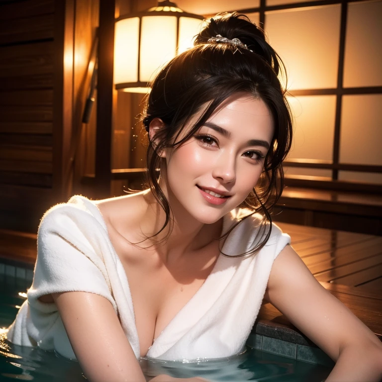 a gorgeous milf, medium length hair in ponytail, soaking wet, wearing a bath towel, smiling shyly, reddish cheeks, private onsen, detailed facial features, beautiful eyes, (best quality,4k,8k,highres,masterpiece:1.2),ultra-detailed,(realistic,photorealistic,photo-realistic:1.37),cinematic lighting, warm color tones, photorealistic