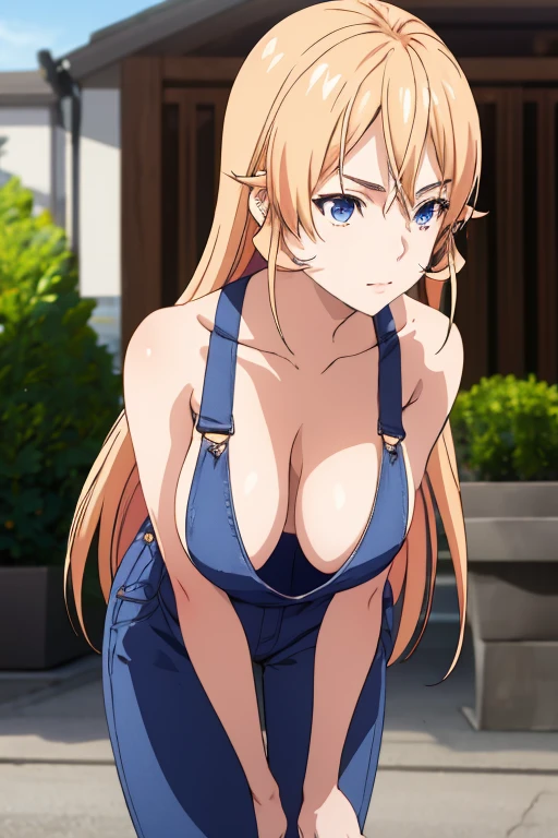 1girl,18yo,perfect hands, perfect finger,perfect anatomy, masterpiece, best quality,realistic, hyperrealistic, 16k hdr, Erina Nakiri, long hair, blond hair, blue eyes, (overalls:1.1),outdoor,standing, large breasts, (upper body), (leaning forward,),