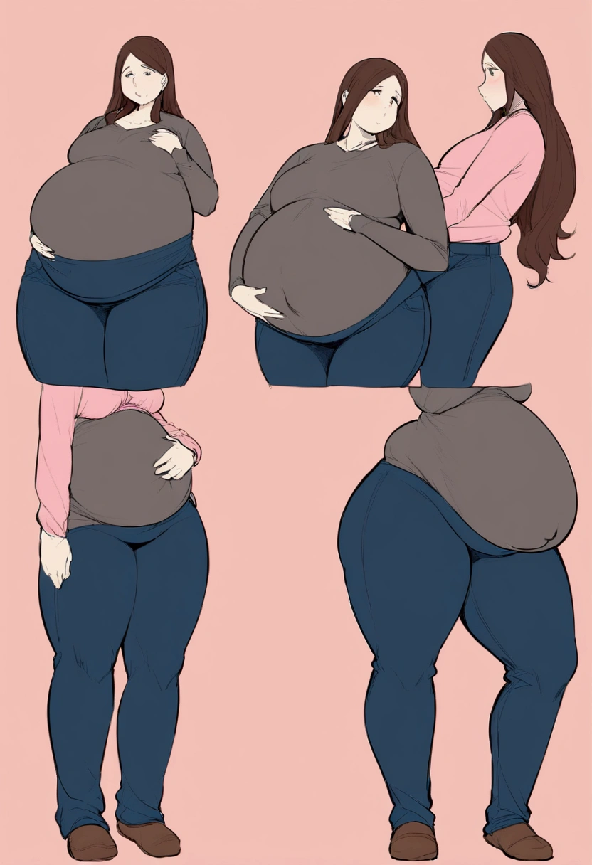 Anna finishes dressing you in the maternity jeans and a loose, comfortable top, accentuating your exaggerated belly. You now resemble a heavily pregnant woman, with a massive, round stomach pushing against your clothing. The maternity jeans hug your curvy figure, while the loose top creates a soft, feminine silhouette. ((stuffed belly)) ((quadruplets)) ((waddling))