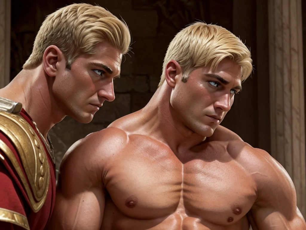 Ancient Rome. Muscular, with a carefully shaved face, no beard or mustache, a handsome, half-dressed, blond centurion of the Roman army, 45 years old. He fucks in the ass a red-haired slave boy of 18 years old, poorly dressed, who is in love with him. . there is joy and pleasure on the centurion's face