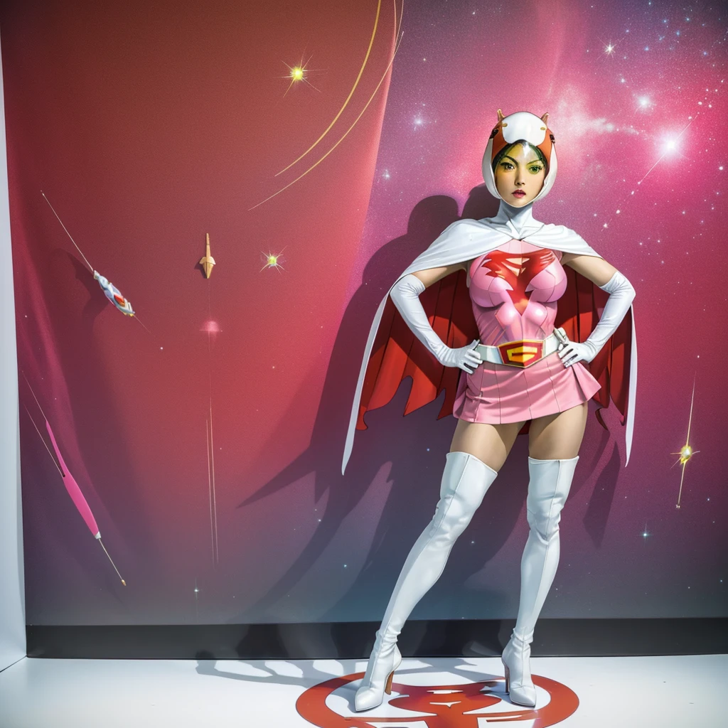 ANI_CLASSIC_jun_gatchaman_ownwaifu,1girl, 15 years old,good anatomy, masterpiece, best quality,realistic, hyperrealistic, 16k hdr,breasts,green eyes,lips,large breasts,lipstick,makeup,gloves,cape,helmet,belt,elbow gloves,white gloves,mask,ultra miniskirt,leotard,spacesuit,white tight overknee highheels boots,pink dress,superhero,bodysuit,cleavage,erected nipples,((stand pose,hands on hip,view from below)),cameltoe