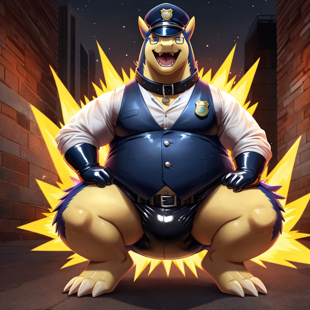Solo, Male, fat, squatting, extremely obese, gentleman, dapper Typhlosion, pooping in diaper, blue eyes, (soft shading), 4k, hi res, ((detailed face, detailed)), looking at viewer, evil grin, police station, collared shirt with buttons, hat, male focus, Police Uniform, glasses, monocle, vest with buttons, sleeves rolled up, round eyewear, headwear, vest, Typhlosion is wearing a glossy leather dog collar around the neck, Typhlosion is wearing the leather collar and shirt and vest at the same time, Typhlosion is wearing glossy white rubber gloves on the hands, wearing white rubber gloves on the feet, gloves are rubber in texture, mouth wide open, evil laugh, clenching fists, leather collar is glossy and shiny with a lot of detail, Typhlosion is wearing gloves and leather collar at the same time, leather collar has a round dog-tag, leather collar is thick and detailed, white rubber gloves on the feet, Typhlosion is wearing gloves and leather collar at the same time, leather collar has a round dog-tag, leather collar is thick and detailed, leather collar is glossy and shiny, fancy clothing, dapper vest, dapper shirt, leather collar is thick, glossy leather collar, Typhlosion is wearing a dirty diaper