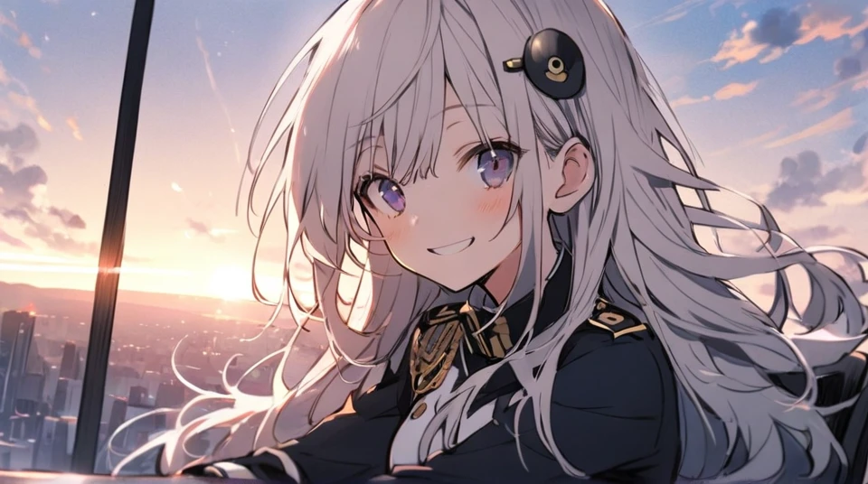 One girl, bangs, Long Hair, Messy Hair, Slope_eye,  赤いeye、sunset、上eye遣い、uniform、Sitting on a chair、smile、Fluttering Hair、Large hair ornament、Silver Hair