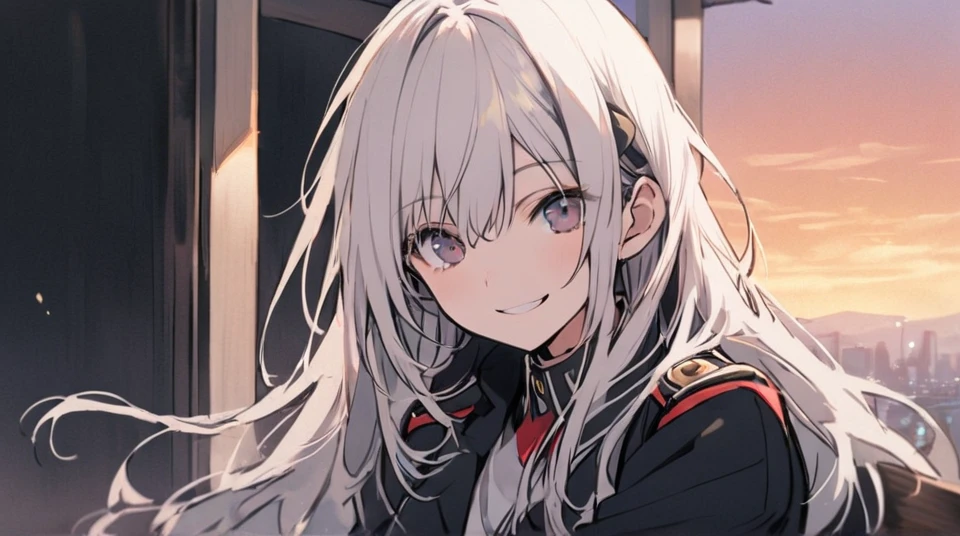 One girl, bangs, Long Hair, Messy Hair, Slope_eye,  赤いeye、sunset、上eye遣い、uniform、Sitting on a chair、smile、Fluttering Hair、Large hair ornament、Silver Hair
