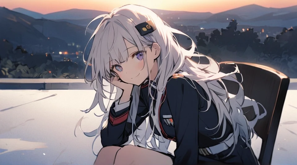 One girl, bangs, Long Hair, Messy Hair, Slope_eye, 赤いeye、sunset、上eye遣い、uniform、Sitting on a chair、smile、Fluttering Hair、Large hair ornament、Silver Hair