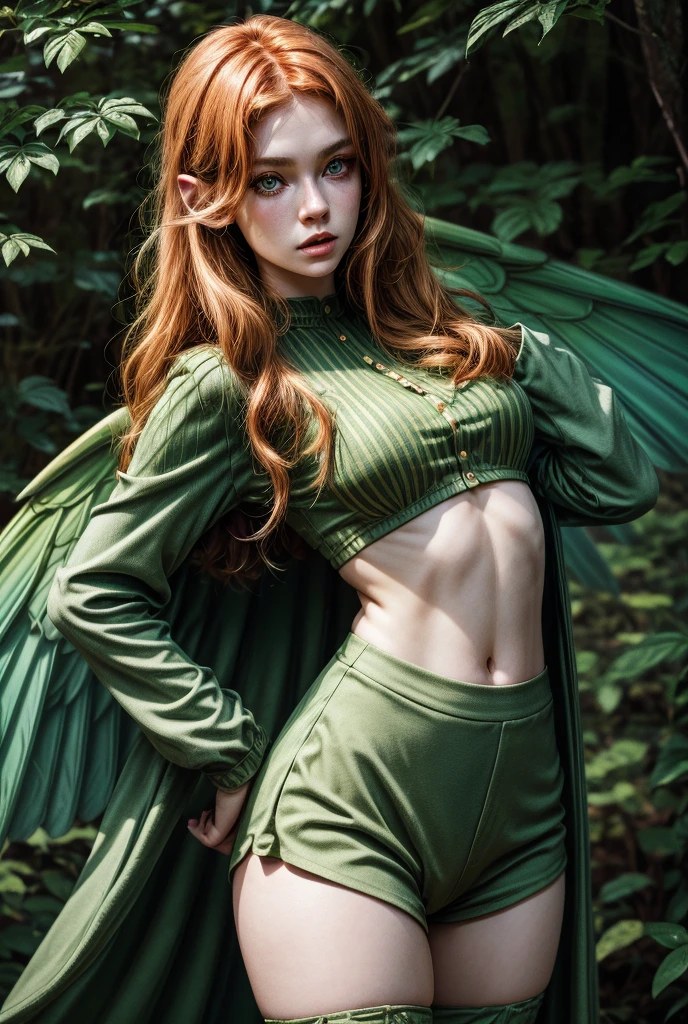 Best Picture Quality, Masterpiece Level, Ultra High Resolution, Realism, Fantasy, fulllength, A Girl, Single, Scatter, wood elf, in forest, midriff, crop top, thighs, ginger hair, green eyes, butterfly wings, perfect face, perfect body, wings, perfect breasts, green outfit, sexy, slim