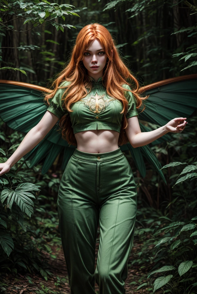 Best Picture Quality, Masterpiece Level, Ultra High Resolution, Realism, Fantasy, fulllength, A Girl, Single, Scatter, wood elf, in forest, midriff, crop top, thighs, ginger hair, green eyes, butterfly wings, perfect face, perfect body, wings, perfect breasts, green outfit, sexy, slim