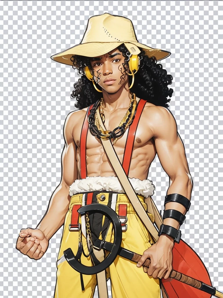 A dark-skinned boy with curly black hair, with yellow pants, holding a large slingshot in his hand, with hat on head