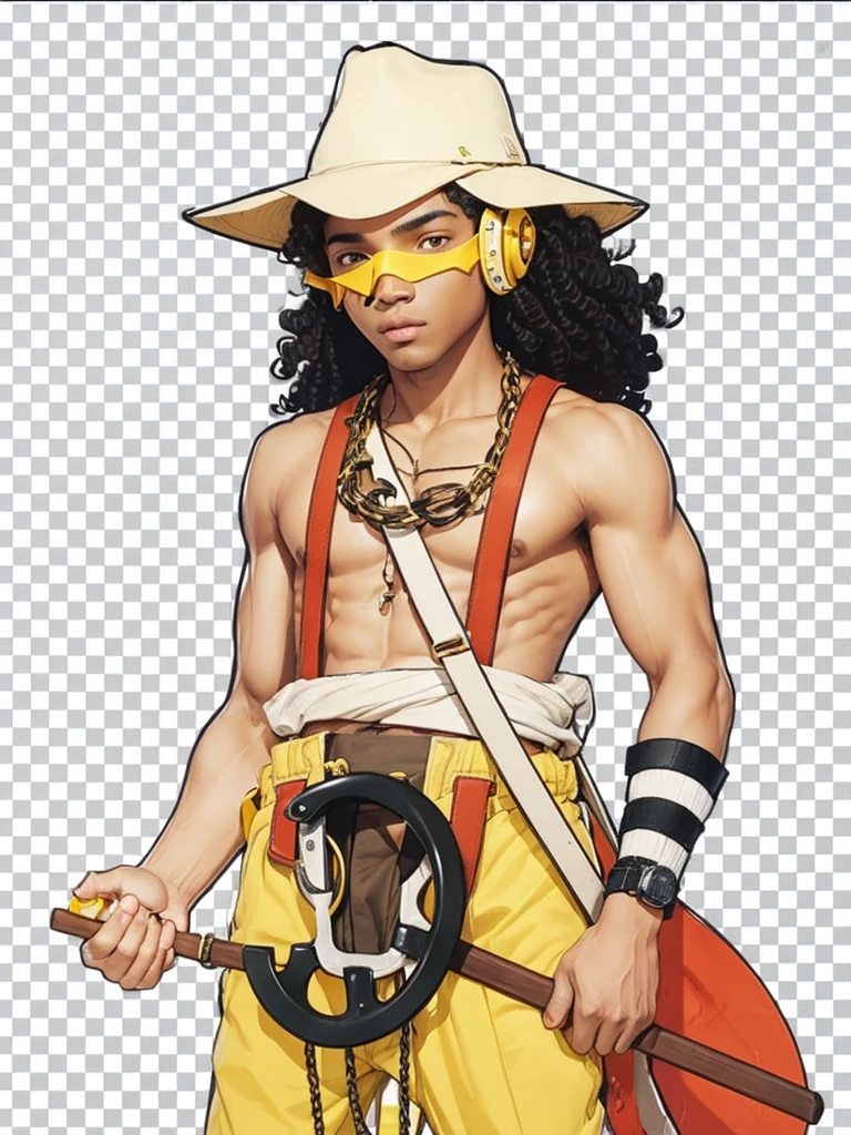 A dark-skinned boy with curly black hair, with yellow pants, holding a large slingshot in his hand, with hat on head